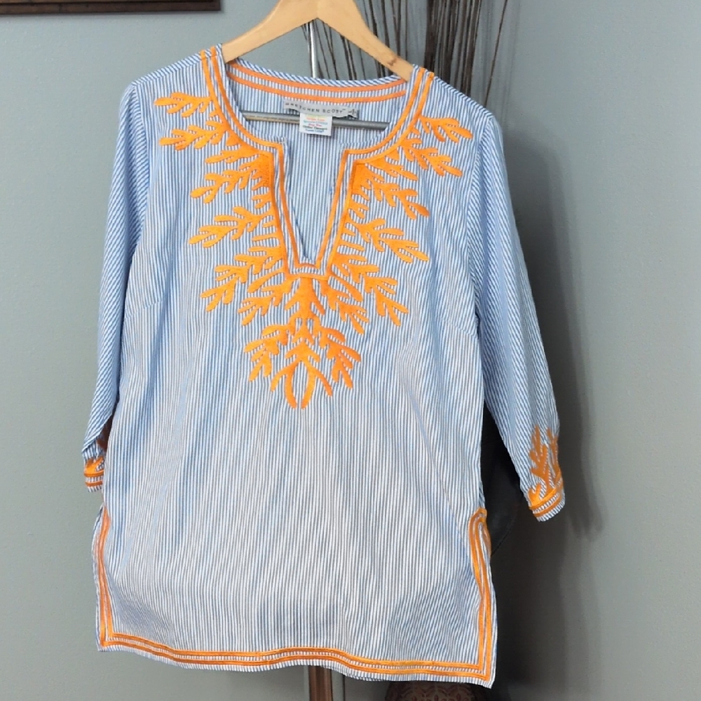 Gretchen Scott Designs Striped Tunic with Orange Embroidery